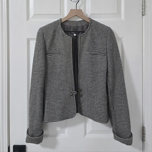 Giorgio Armani Plaid Houndstooth Collarless Wool Blazer Jacket Size 42/6 - Picture 2 of 6